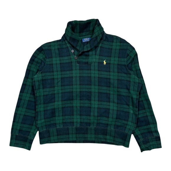 Polo Ralph Lauren Tartan Green Blue Plaid Fleece Shawl Sweatshirt Mens Large - Picture 1 of 9
